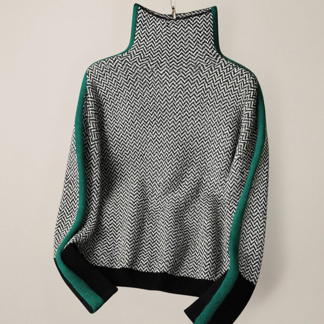 Vielseitiger Damen-Pullover gestreift mit Stehkragen. Bequemer, eleganter Langarm-Pullover für Freizeit & Büro.