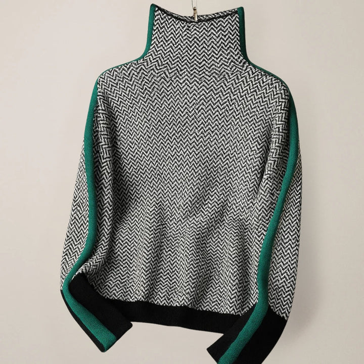 Vielseitiger Damen-Pullover gestreift mit Stehkragen. Bequemer, eleganter Langarm-Pullover für Freizeit & Büro.