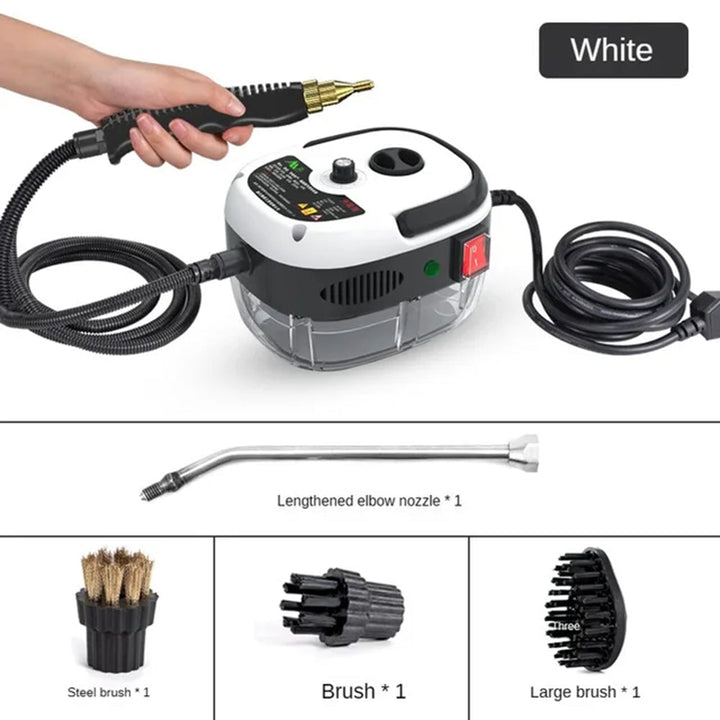 Kompakter weiß-roter 2500W Dampfreiniger, ideal für schnelle und gründliche Reinigung von Böden und Oberflächen.