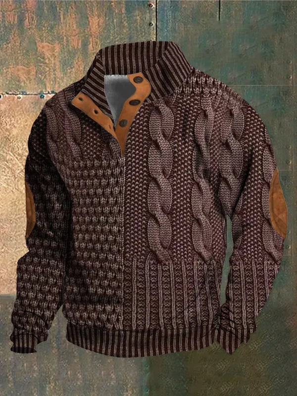 Moderner Herren Pullover: Patchwork-Design, klassisches Zopfmuster und Knopfkragen. Komfortabler Langarm-Strick.