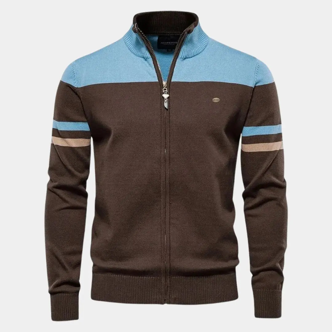 Schwarze Herren Strickjacke mit Reißverschluss und Stehkragen, ideal für eleganten Casual Look.