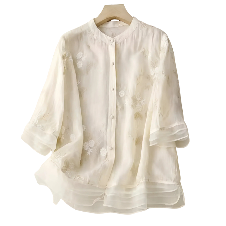 Damen Blumen-Top mit eleganter Stickerei, leicht und locker geschnitten für den Sommer.