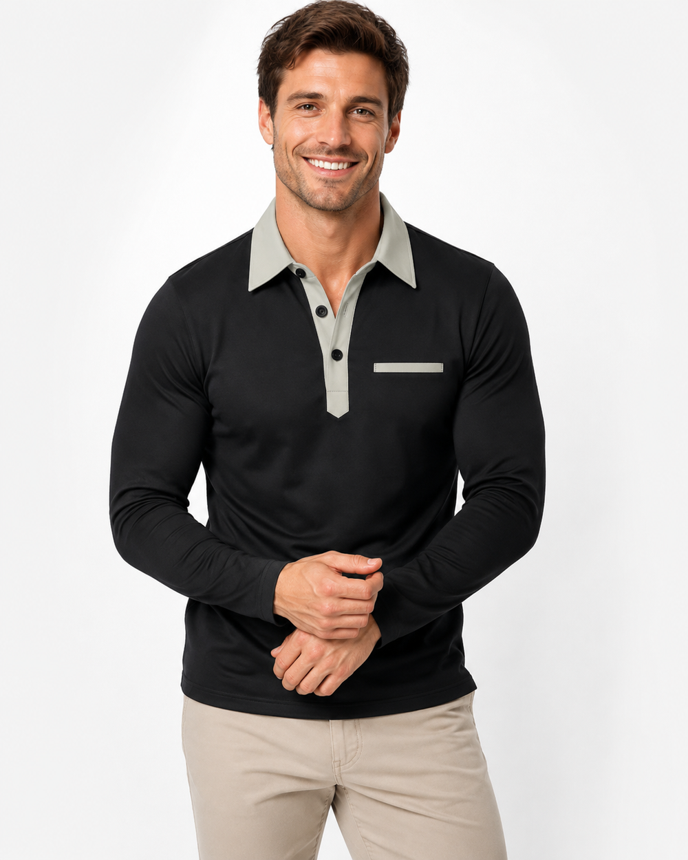 Stilvoller Herren Casual Pullover mit Langarm und Kontrastkragen. Ideales lose-fit Oberteil für Frühling.