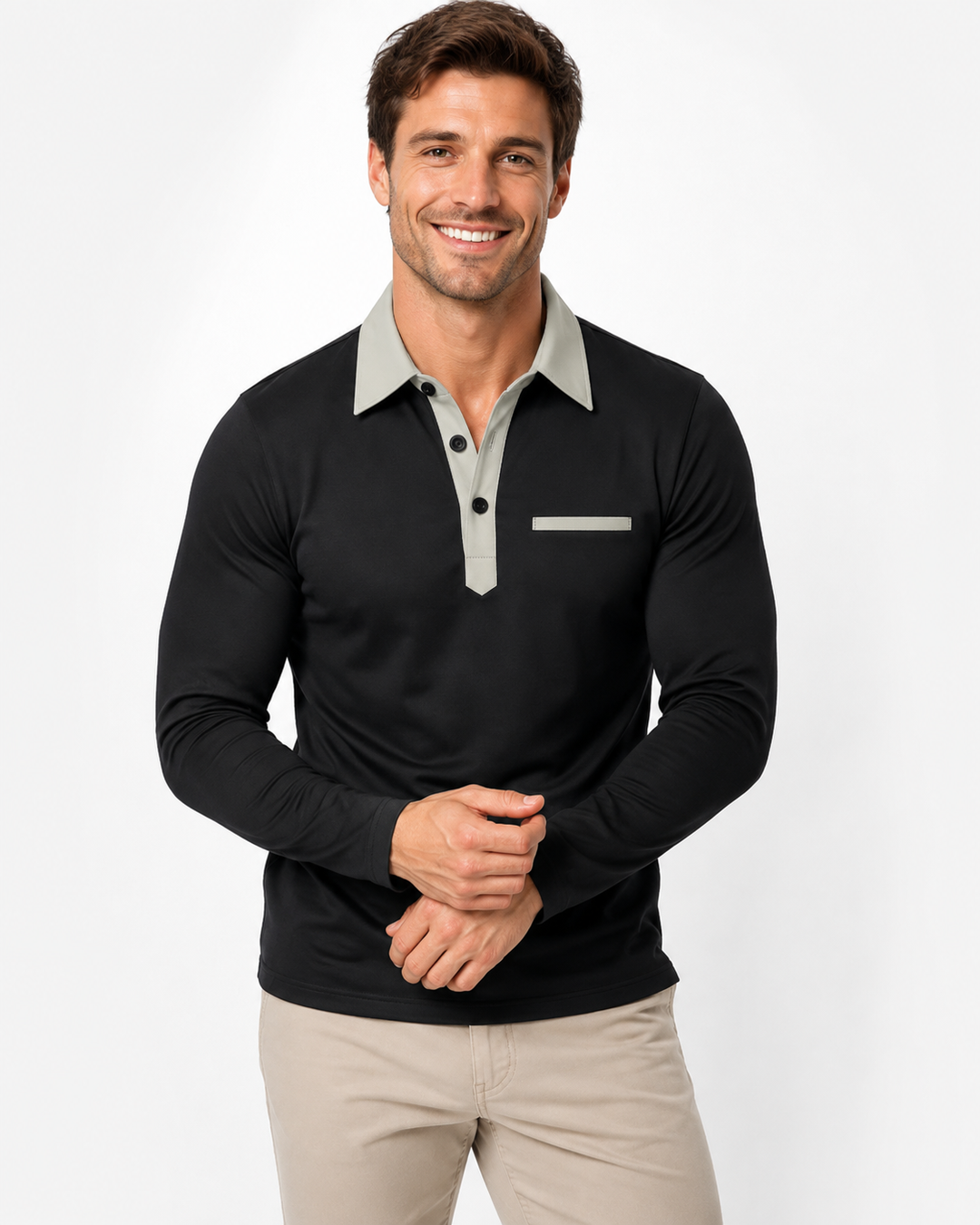 Stilvoller Herren Casual Pullover mit Langarm und Kontrastkragen. Ideales lose-fit Oberteil für Frühling.