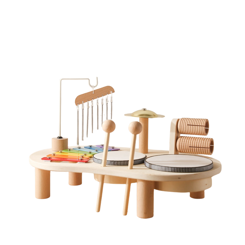 Kinder Holzmusikspielzeug mit Xylophon, Trommeln & Becken; fördert musikalische Frühförderung für Kleinkinder.