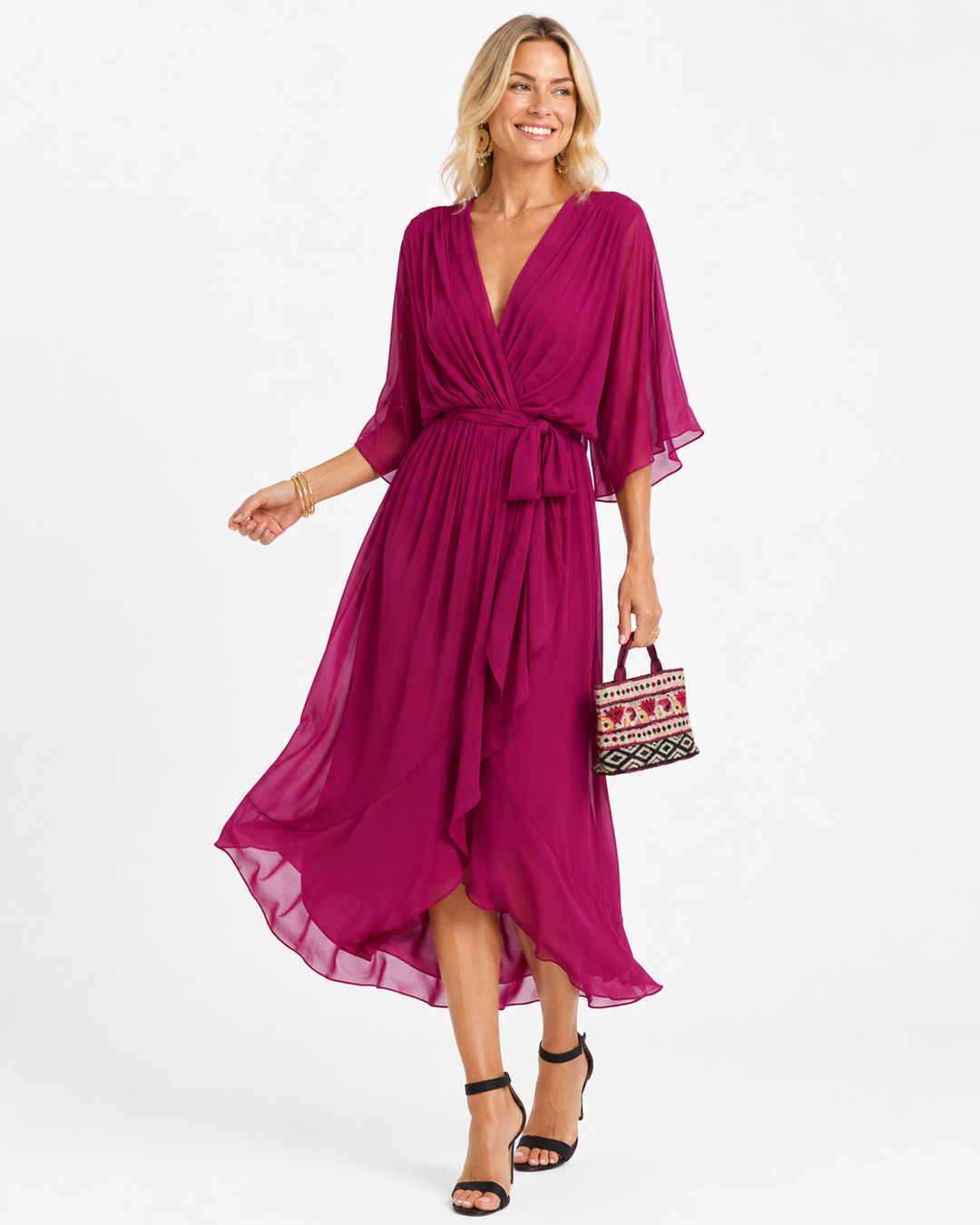 Fließendes Damen Maxikleid mit V-Ausschnitt, Taillenschnitt in Olivgrün, Rosenrot oder Seeblau, perfekt für Urlaub.
