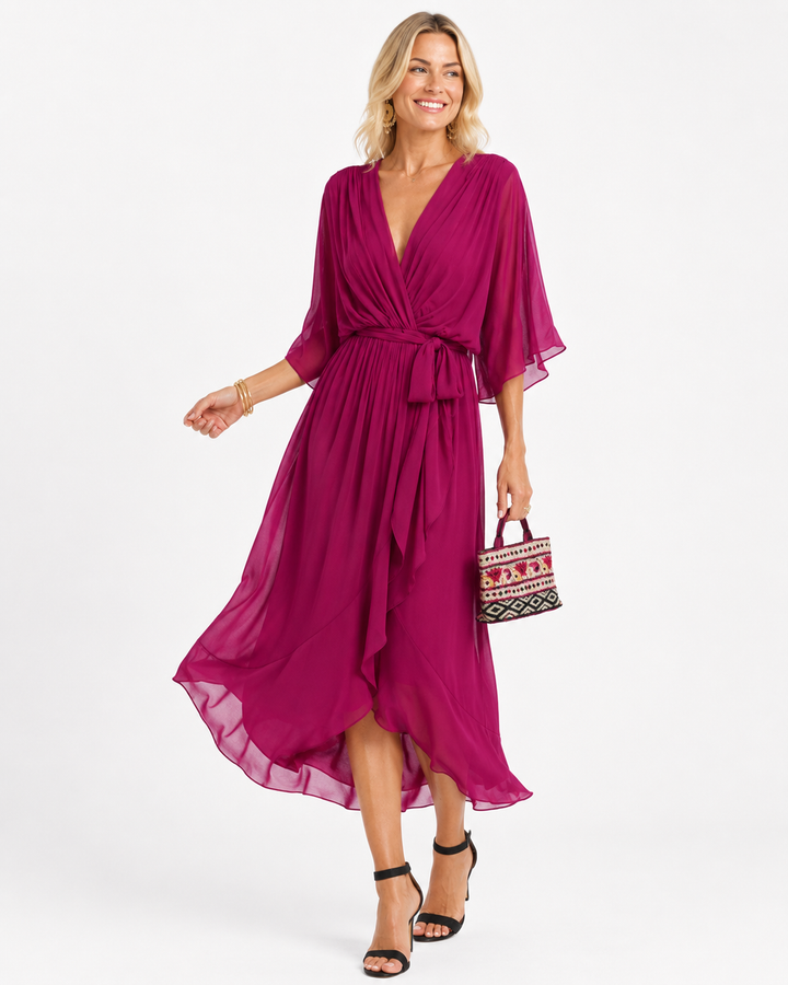 Fließendes Damen Maxikleid mit V-Ausschnitt, Taillenschnitt in Olivgrün, Rosenrot oder Seeblau, perfekt für Urlaub.