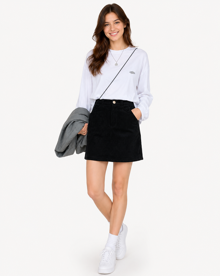 Schmeichelhafter Damen Minirock in A-Linie mit hohem Bund. Komfortable Fashion für stilvolle Damenmode.