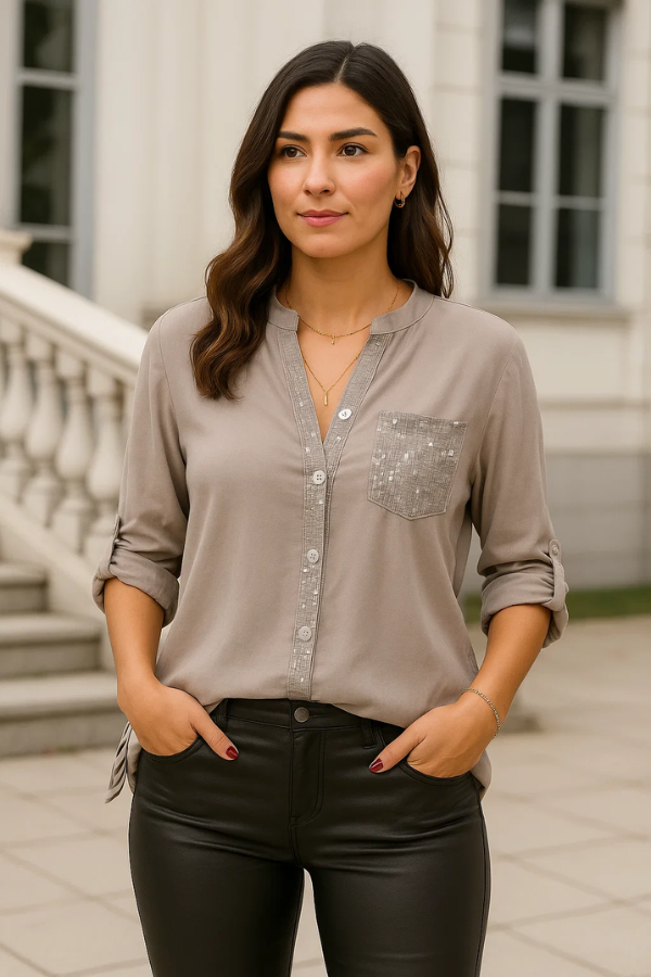 Khaki Damen Pailletten Top mit Glanz, legerer Schnitt, vielseitig kombinierbar für Alltag und Fest.