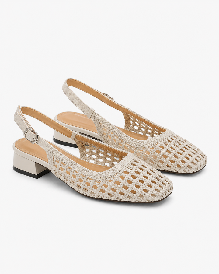 Beige Damen Slingback Sandalen mit elegantem Geflecht und stabilem Blockabsatz; ideal für festliche Anlässe.