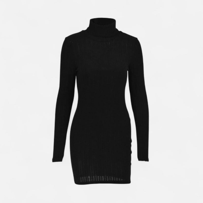 Schwarzes, schlichtes Damen Minikleid. Langärmlig, Rollkragen & tailliert. Komfortables Alltagskleid.