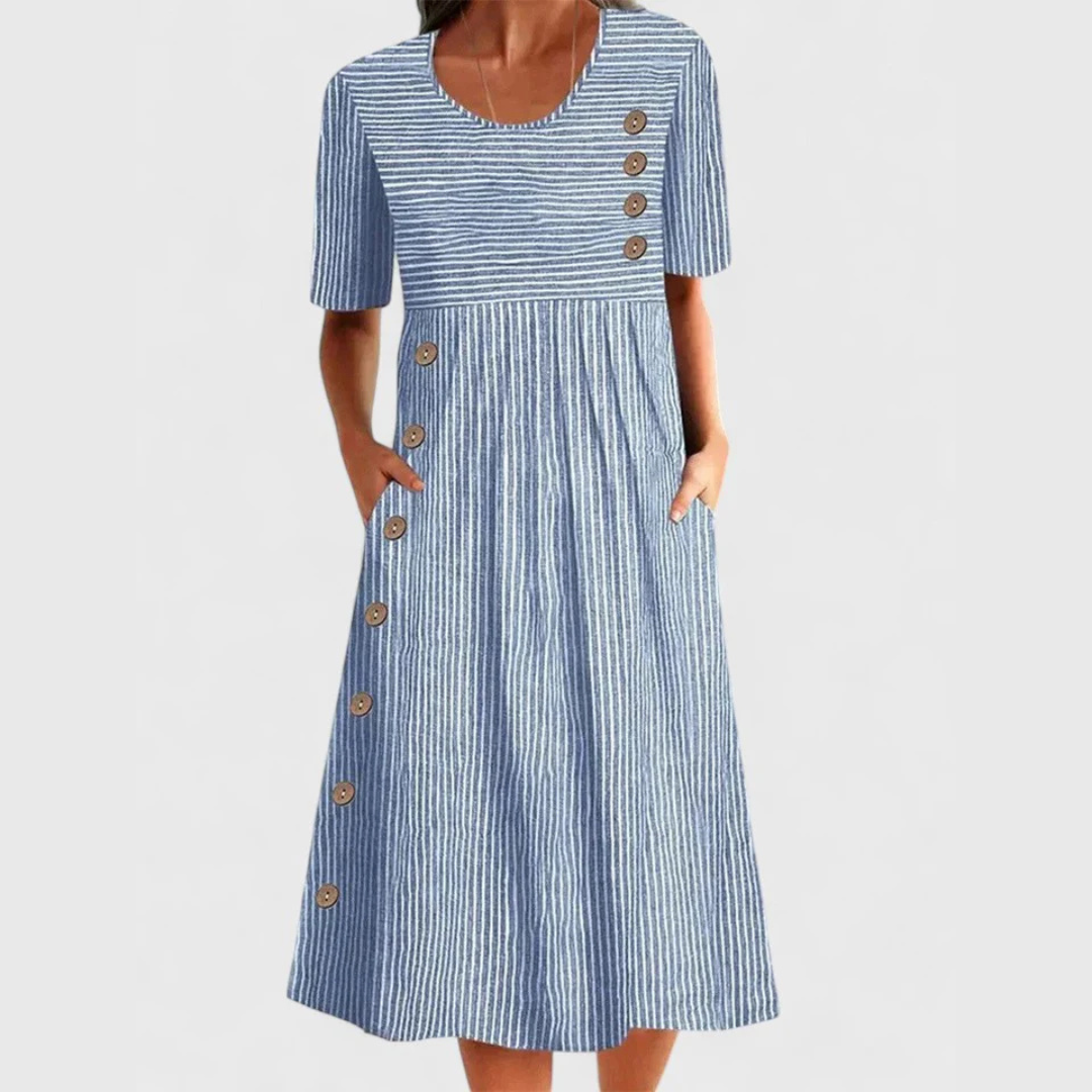 Elegantes Damen A-Linien Midikleid mit feinen Streifen, perfekt für Sommer und Freizeit.