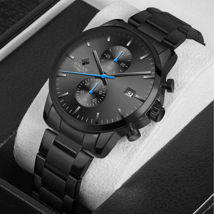 Vielseitige Herren Armbanduhr: Chronograph für Business & Sport, robustes schwarzes Design.