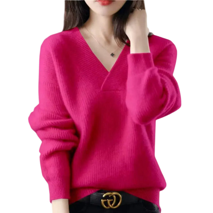 Eleganter Damen V-Ausschnitt Pullover in Rippstrick. Langarm und lässig geschnitten.