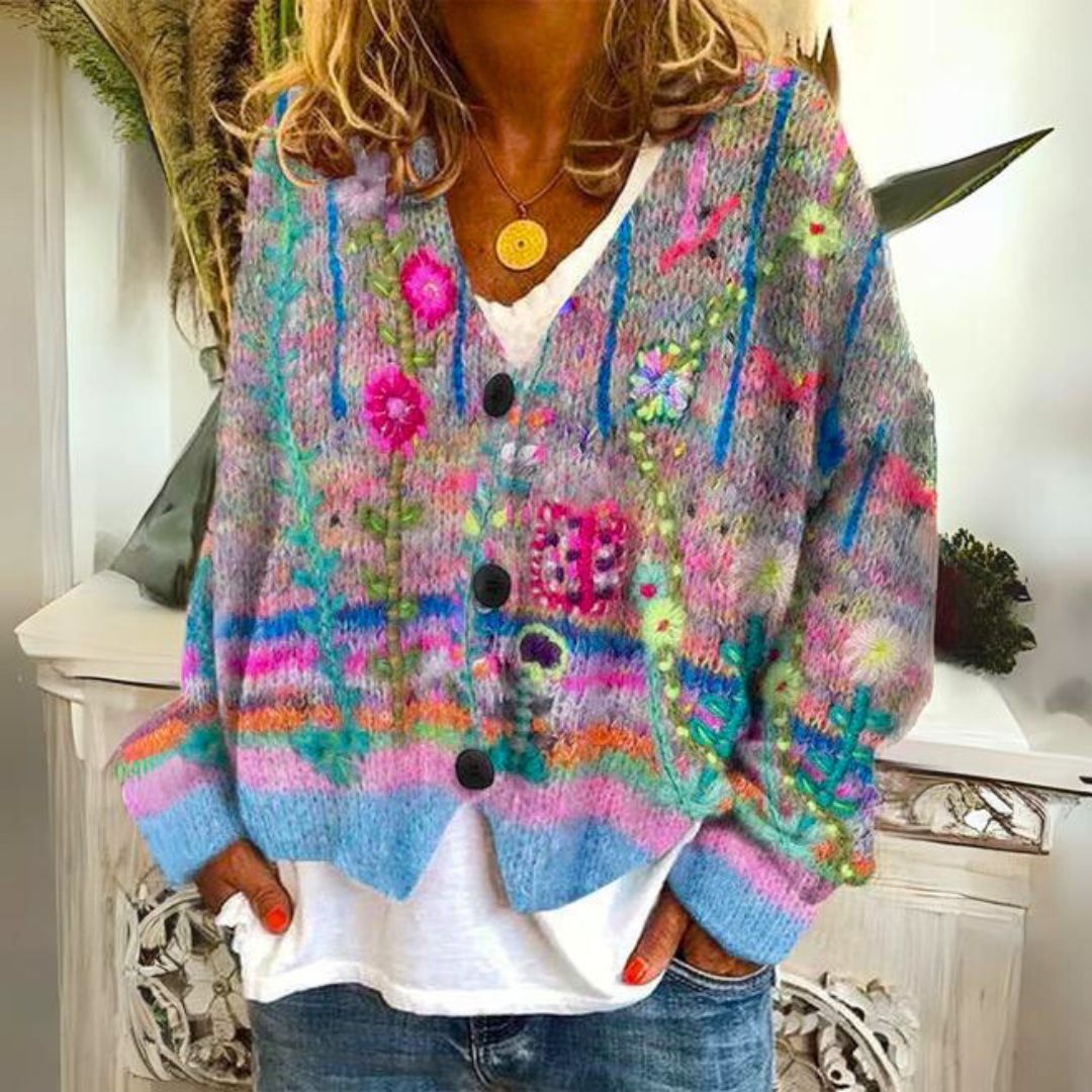 Stilvoller, bequemer Damen Cardigan Hannah. Lockere, farbenfrohe Strickjacke mit Langarm, vielseitig.