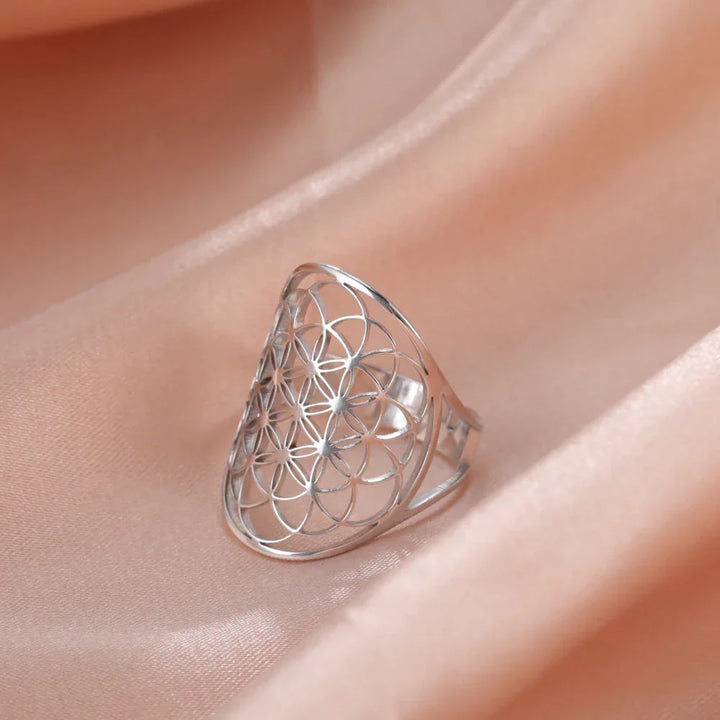 Eleganter verstellbarer Unisex-Ring Blume des Lebens, aus 925 Silber, als spiritueller Schmuck.