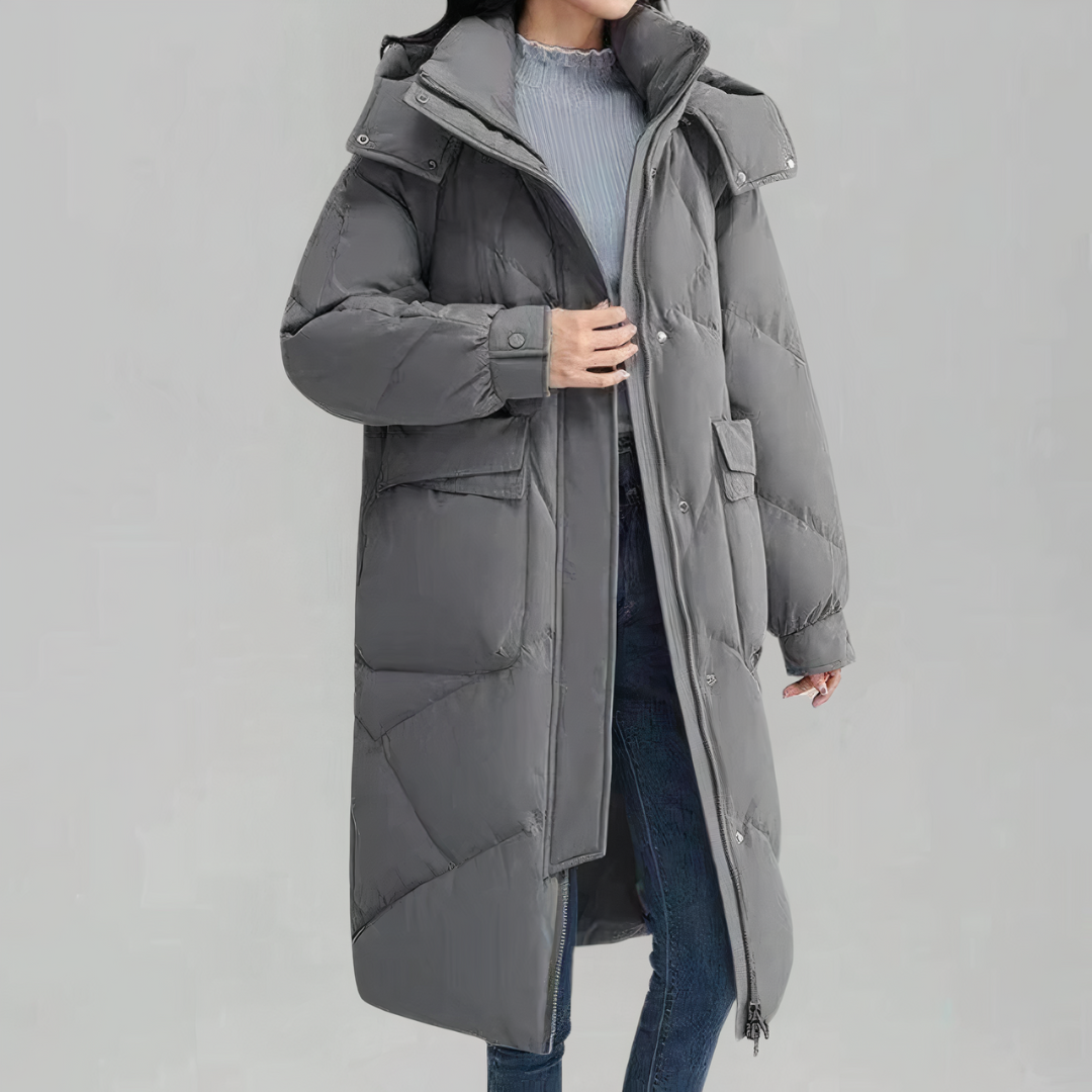 Stilvolle, komfortable Damen-Winterjacke, lang und schick. Warme Oberbekleidung für elegante Wintermode.