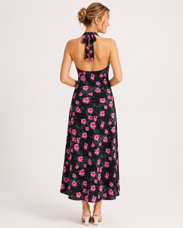 Rückenfreies schwarzes Damen A-Linie Halter Midi-Kleid, perfekt für Sommer, Urlaub & besondere Anlässe.