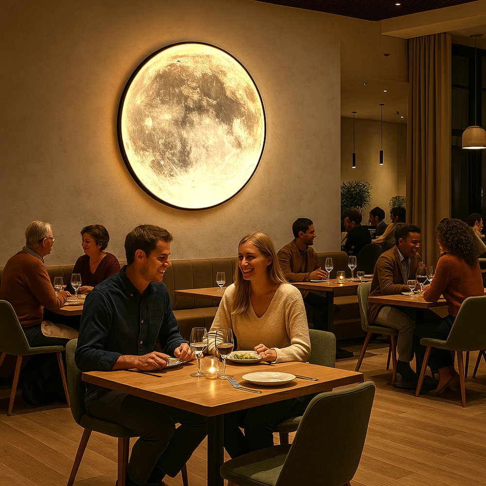 Realistische 3D-Mondlampe mit detailreicher Oberfläche, erzeugt gemütliches Ambiente als Raumdekoration.