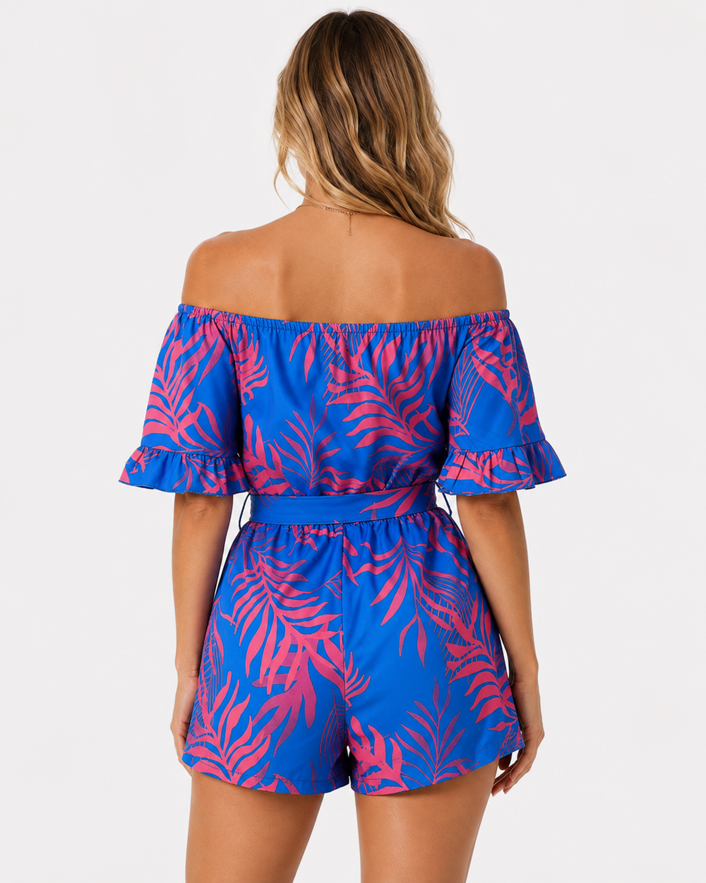 Eleganter blauer Damen One-Piece Jumpsuit mit tropischem Muster. Ideal für Frühling, Alltag & Urlaub.