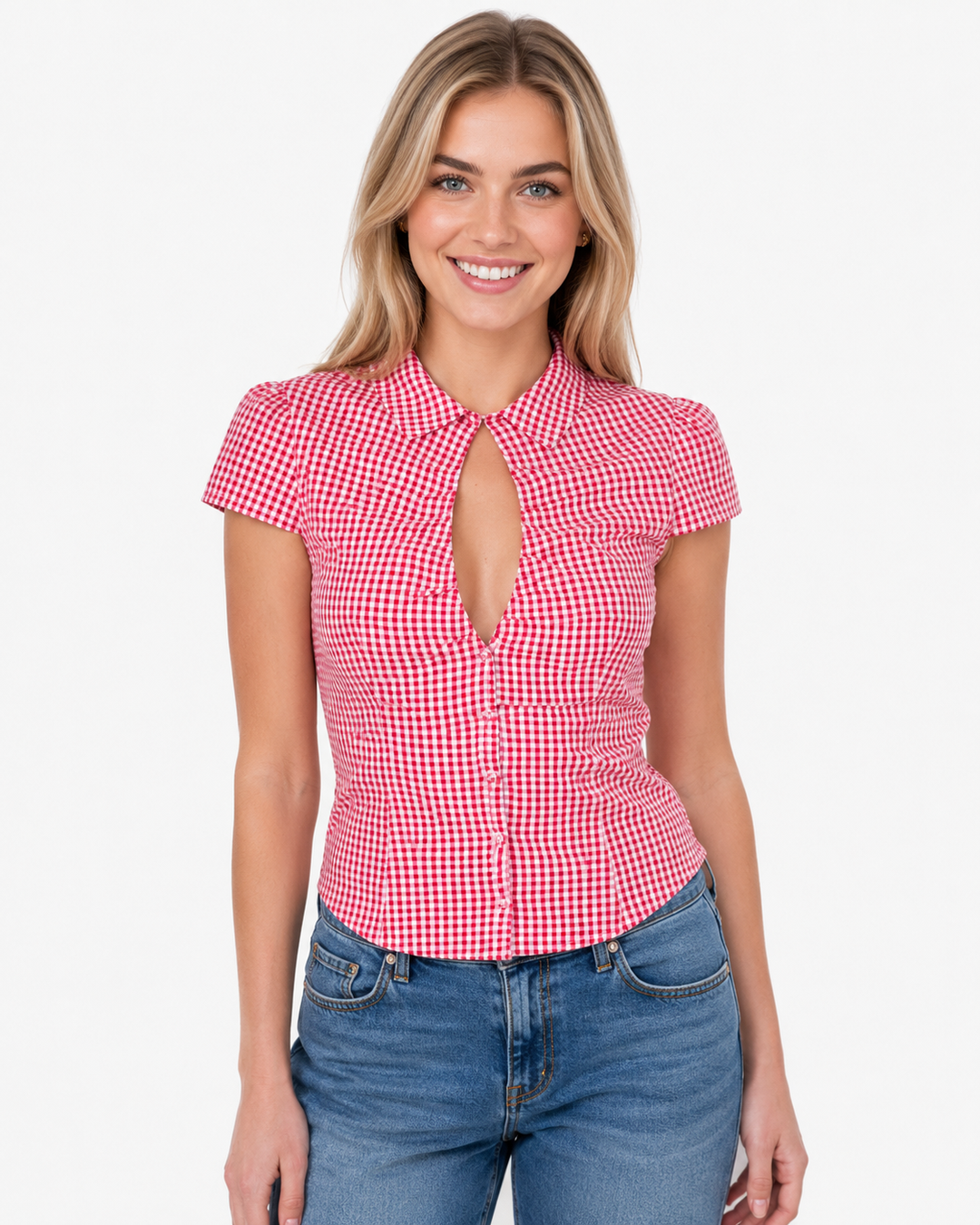 Damen Y2K Cutout Hemd mit Knopfleiste, retro Kurzarm-Bluse im karierten Stil für den Sommer-Look.