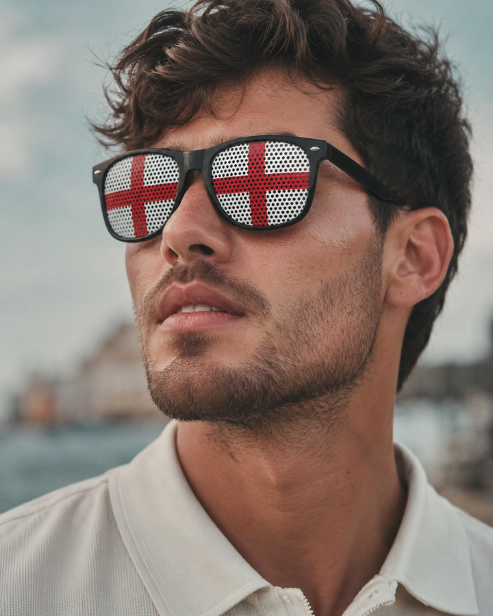 Stylische schwarze Unisex Sonnenbrille mit einzigartigem Flaggendesign für modebewusste Fans & Festivalbesucher.