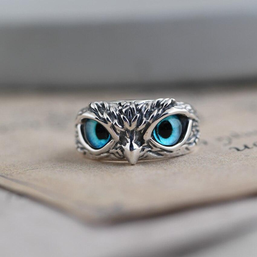 Damen-Eulenring aus Sterling-Silber mit leuchtendem Opalstein; verstellbarer Schmuck für Frauen.