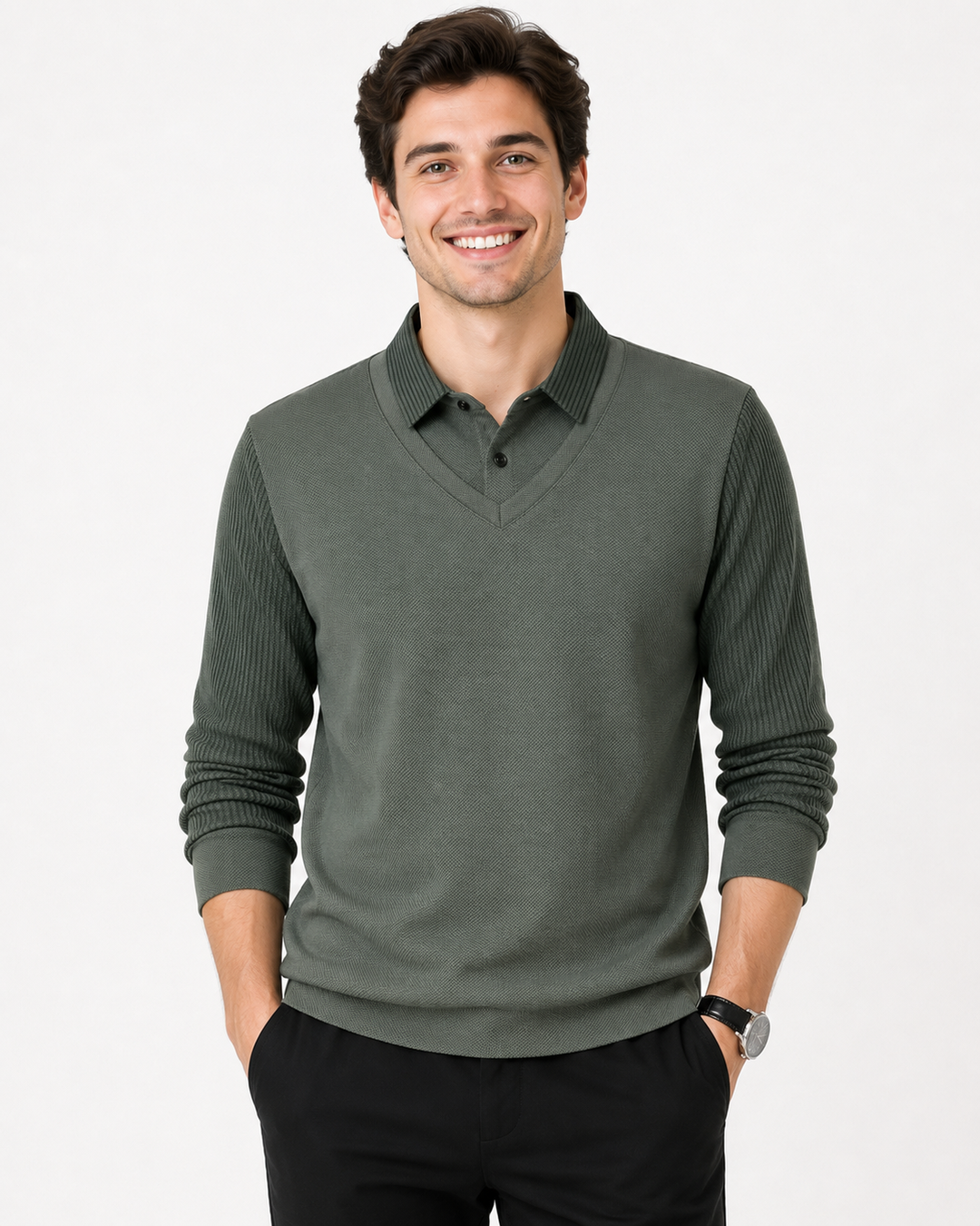 Moderner Herren Pullover gestreift, Langarm, mit Kragen. Perfektes Business Casual Oberteil für den stilvollen Mann.