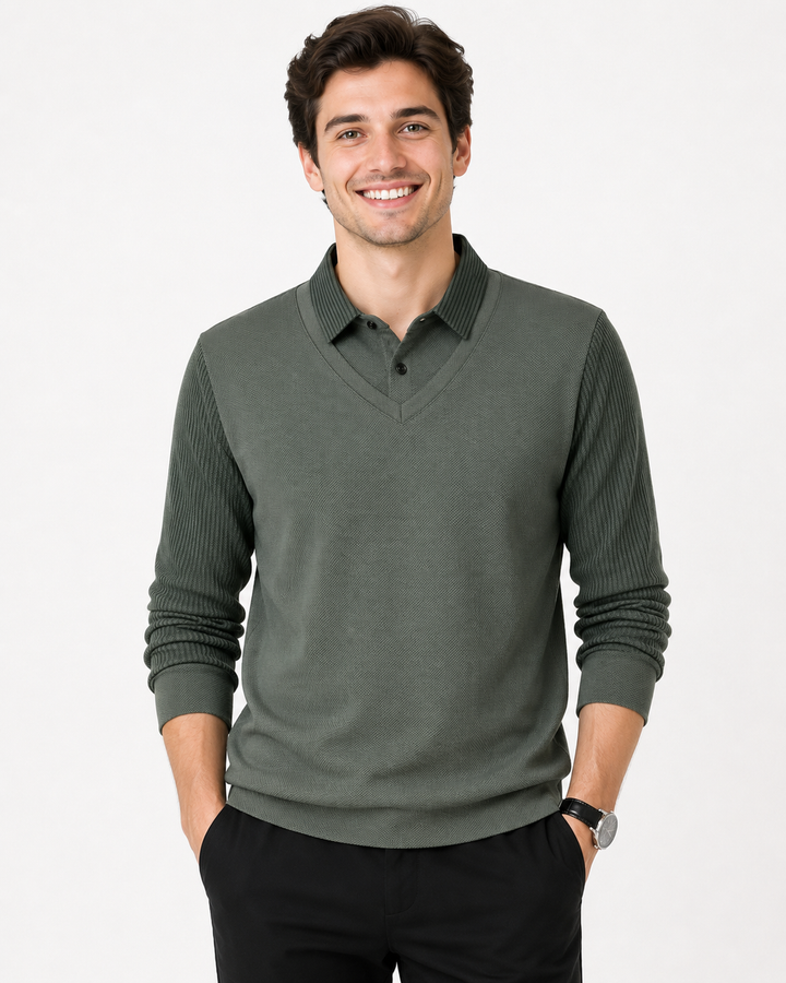 Moderner Herren Pullover gestreift, Langarm, mit Kragen. Perfektes Business Casual Oberteil für den stilvollen Mann.