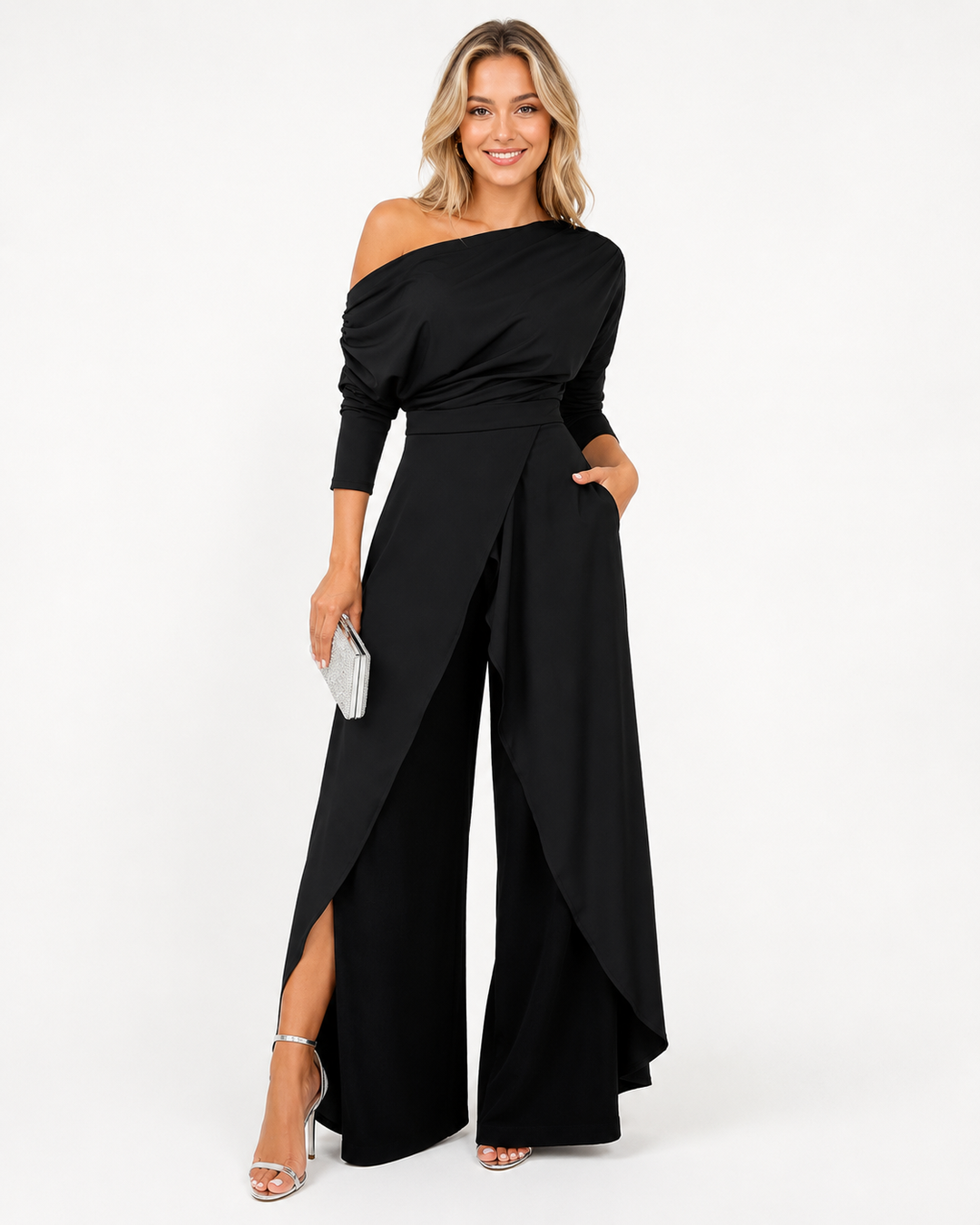 Damen Einteiler: Asymmetrischer Jumpsuit mit stilvollem schulterfreiem Design und elegantem Langarm.