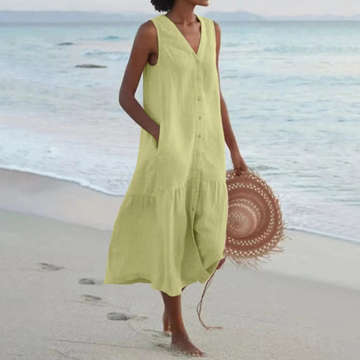 Atmungsaktives Elara Damen Leinenkleid in Lila mit V-Ausschnitt. Perfektes, leichtes Sommer-Maxikleid.