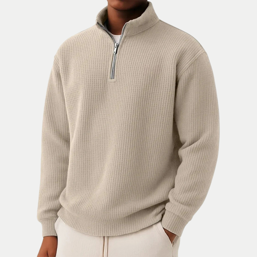 Bequemer Freizeit-Pullover für Herren, Langarm, Stehkragen, mit Reißverschluss-Detail.