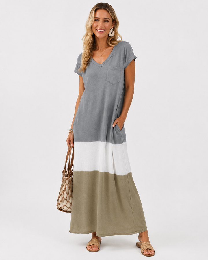 Modisches langes Damenkleid, farbblock, komfortabel & fließend, ideal als Sommer- oder Freizeitkleid.