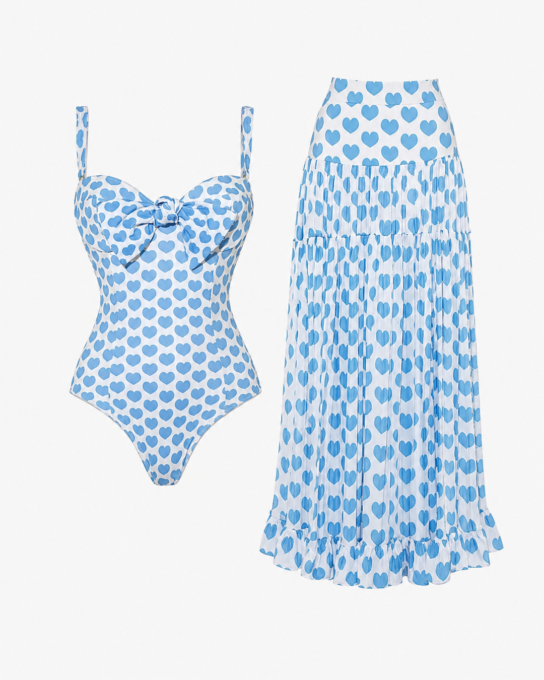 Leichter Damen Bikini Einteiler mit Herz-Print und passendem Cover-Up Set, perfekt für den Sommer.