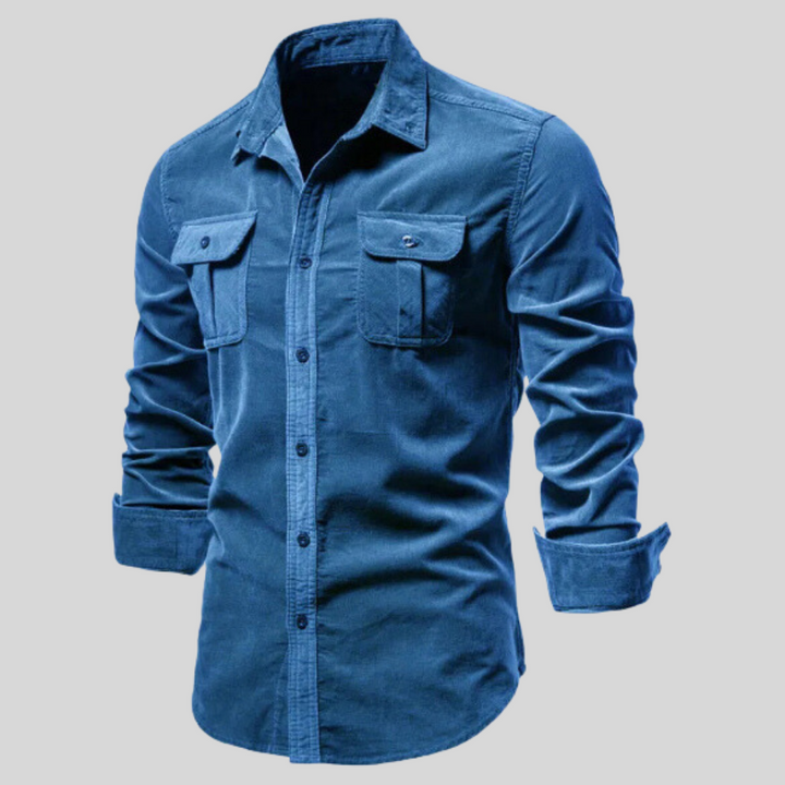 Männer Langarmhemd in klassischem Jeansblau, ein zeitloses Oberteil für elegante Freizeit-Looks.