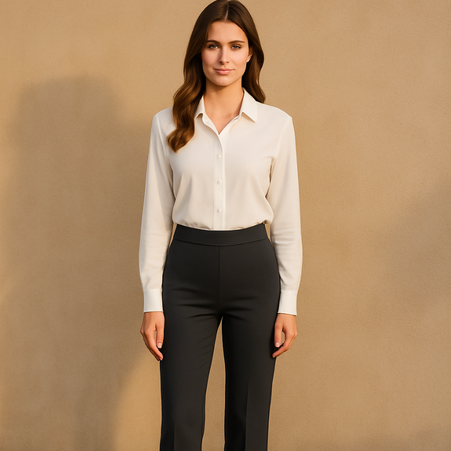 Elegante Damen Stretchhose creme. Komfortable Freizeithose mit Elastikbund, vielseitig kombinierbar.
