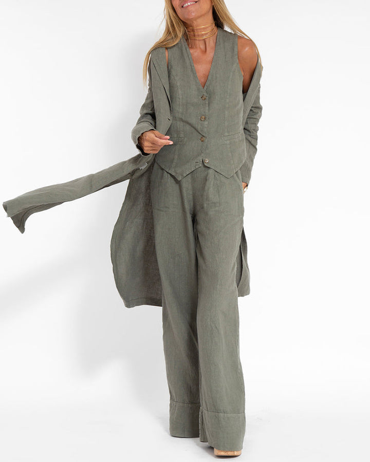 Damen elegantes Herbst Zweiteiler Set: ärmellose Weste & weite Hose für stilvollen Freizeitlook.