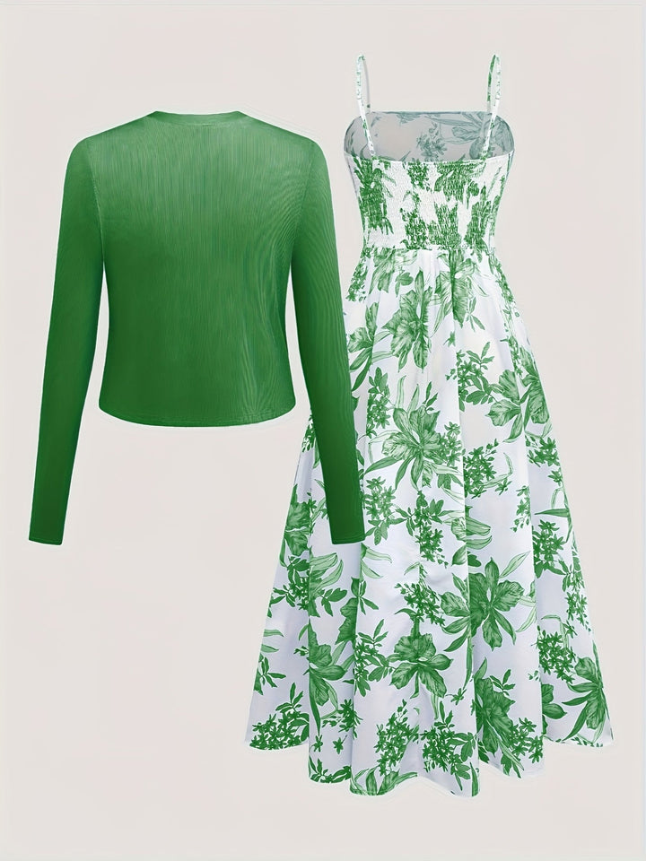 Stylisches Damen Kleid Set mit floralem Midikleid & langärmeligem Cardigan; ideal für Frühling/Sommer.