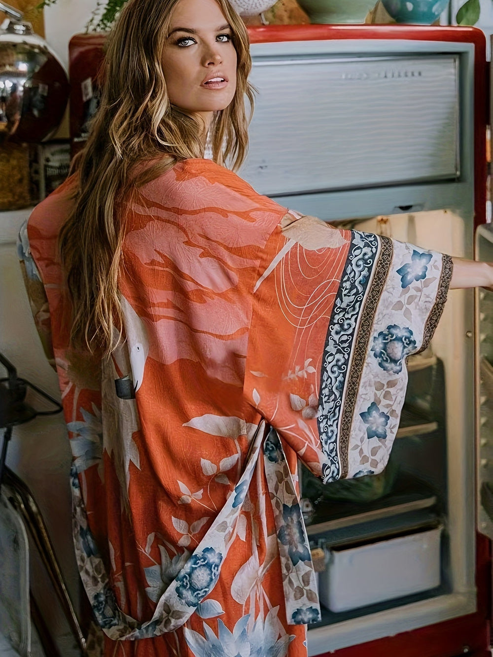 Stilvoller Damen Kimono mit elegantem rot-orange Blumenmuster & Fledermausärmeln für Sommeroutfits.