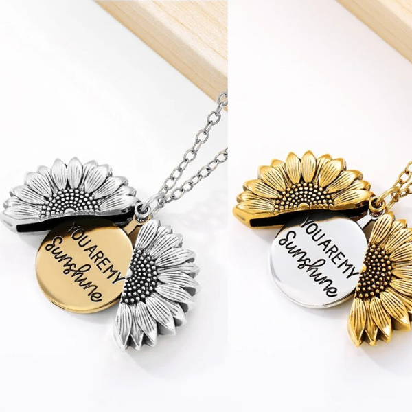 Wunderschöne Sonnenblumen-Medaillon-Halskette. Symbolisiert Liebe & Freude. Perfekter Damenschmuck.