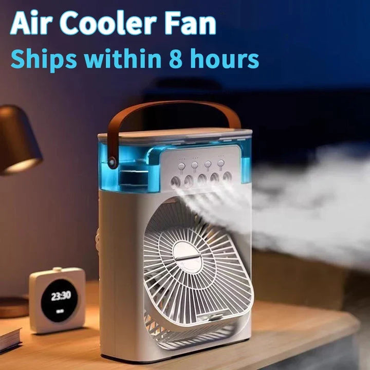 Tragbarer Mini Aircooler mit LED Licht, ideal als Ventilator & Befeuchter für Schlafzimmer oder Wohnzimmer.