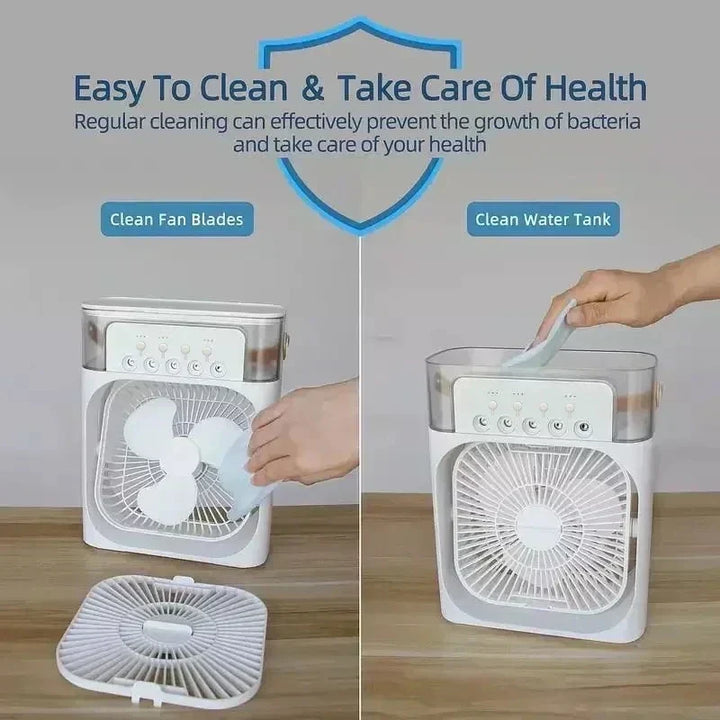 Effizienter 3-in-1 Mini Klimaanlage: Luftkühler, Ventilator und Luftbefeuchter, USB-betrieben.