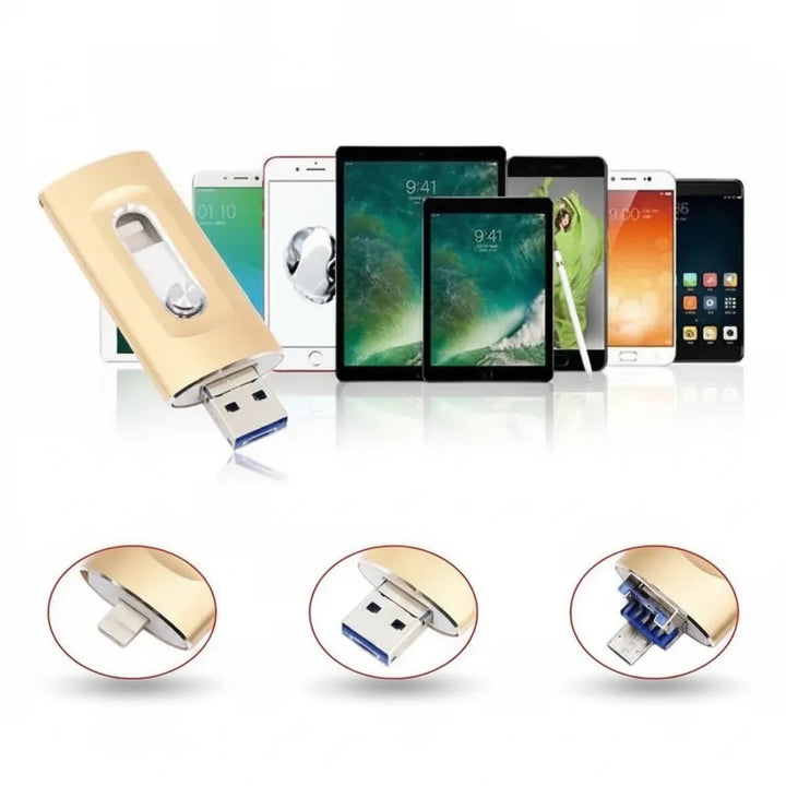 Kompakter schwarzer 3-in-1 USB Stick. Mobiler Speicherstick & iPhone Zubehör, ideal für Daten unterwegs.