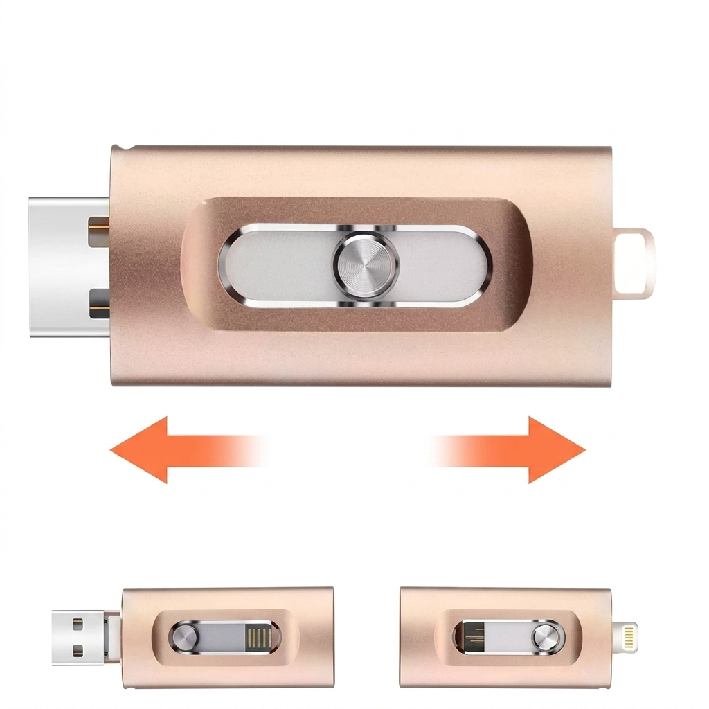 3-in-1 USB Stick mit Lightning & USB-A. Universeller Fotostick für iPhone, iPad & PC, sichert Dateien mobil.