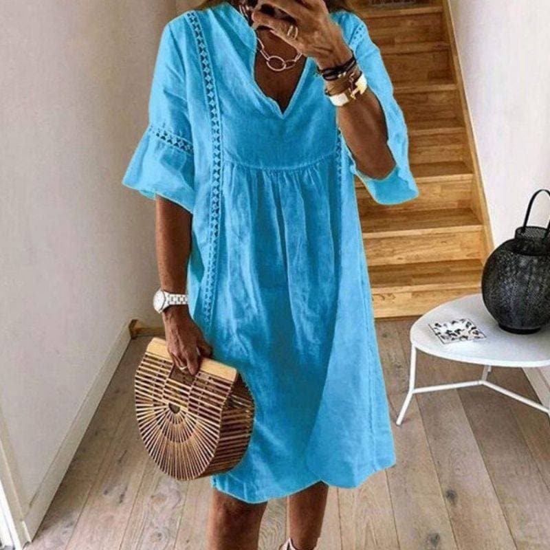Lässiges Damen Shiftkleid, locker geschnitten, mit Spitzenverzierungen. Ideal als Frühlings- oder Sommerkleid.