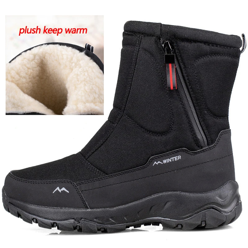 Dunkle Herren-Schneestiefel mit warmer Fütterung, wasserdicht für Komfort und Schutz vor Kälte im Winter.