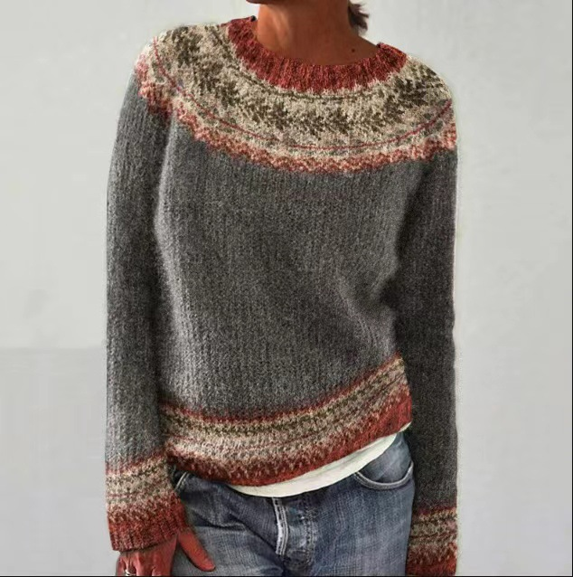 Farbenfroher Retro Damen Strickpullover, gemütliche Wintermode für Freizeit.