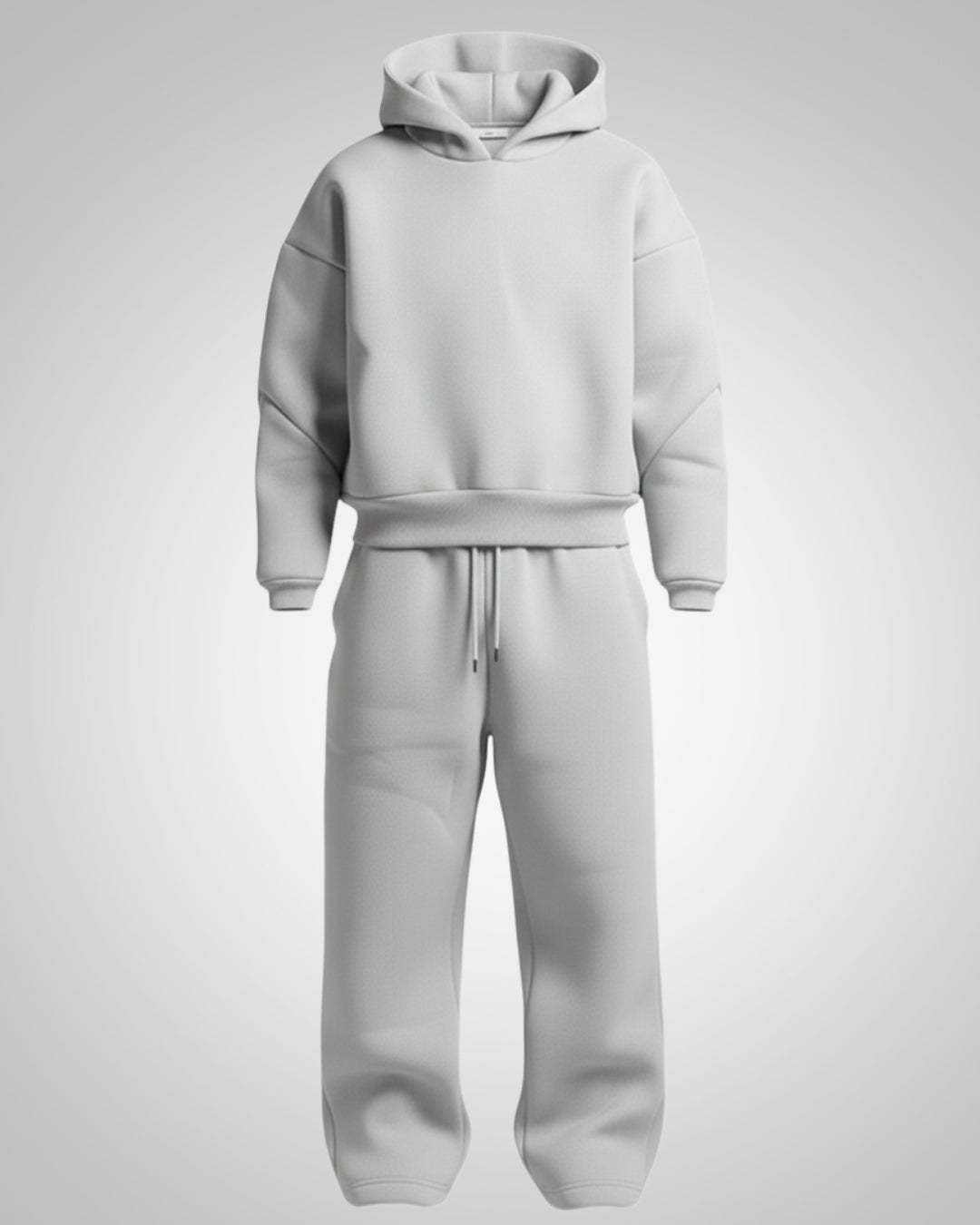Herren Oversized Hoodie Trainingsanzug Set in Hellgrau, entspannte Passform, auf neutralem Hintergrund.