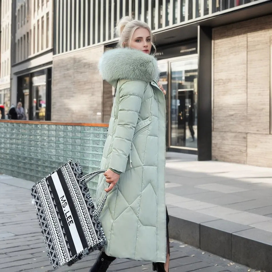 Trendiger Damen Steppmantel, langer Schnitt, hoher Kragen, warme Winterjacke für jede Frau.