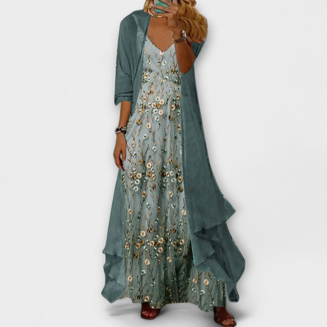Luftiges Damen Blumen Maxikleid im Lagenlook mit V-Ausschnitt, perfekt für Urlaub & festliche Anlässe im Sommer.
